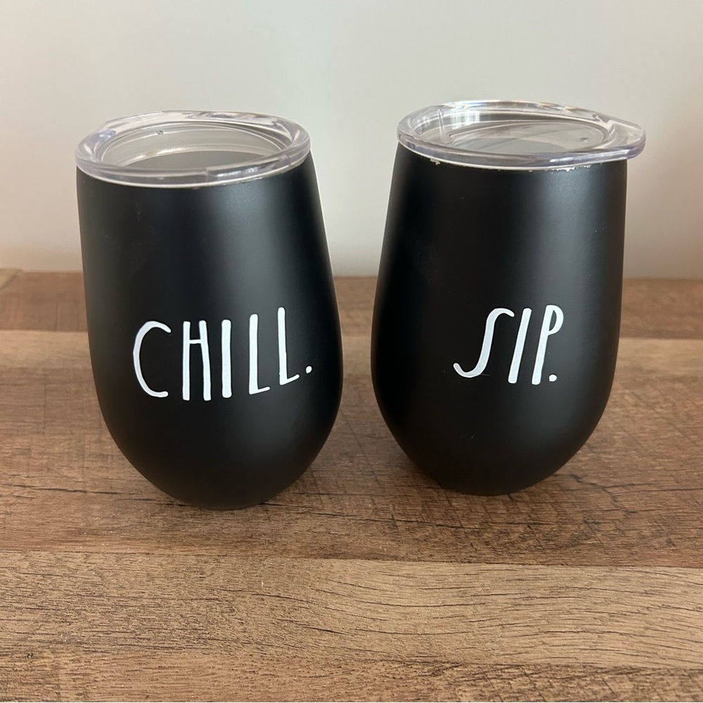 Rae Dunn Sip and Chill Black Insulated Stemless Wine Tumblers Cups Set of 2
